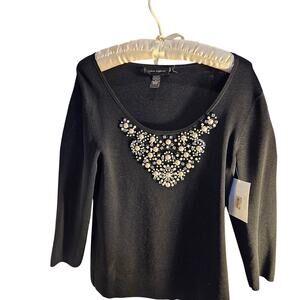 Cable & Gauge Black Faux Pearl Rhinestone 3/4 sleeves Sz M Glamor